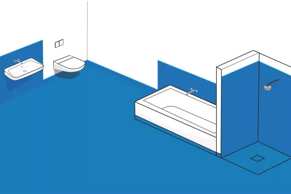 Abbildung eines Badezimmers mit blaumarkierten Bereichen zum Abdichten